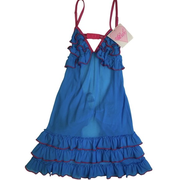 Babe Babydoll Lingerie Womens Small Blue Pink Ruffle Sheer Chemise Set Bow - Picture 3 of 6
